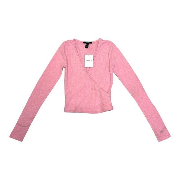 NWT FOREVER 21 Faux Wrap Knit Crop Top S Ribbed Long Sleeve Pullover 90s Retro - Picture 1 of 9